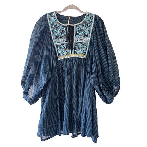 Free People Boho Tunic Dress Balloon Sleeves Embroidered Details Babydoll Fit - Picture 1 of 13